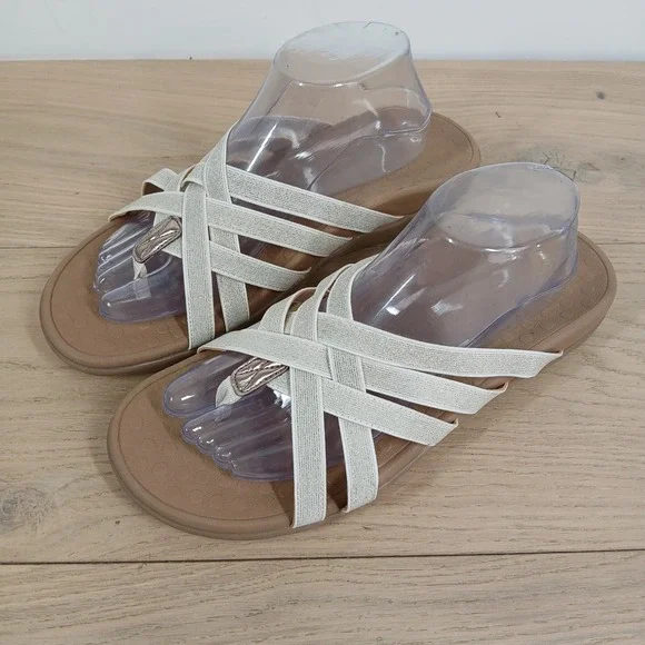 Vionic Sandals Women 11 Beige Leather Strappy Thong Slide Comfort Summer - Picture 2 of 7